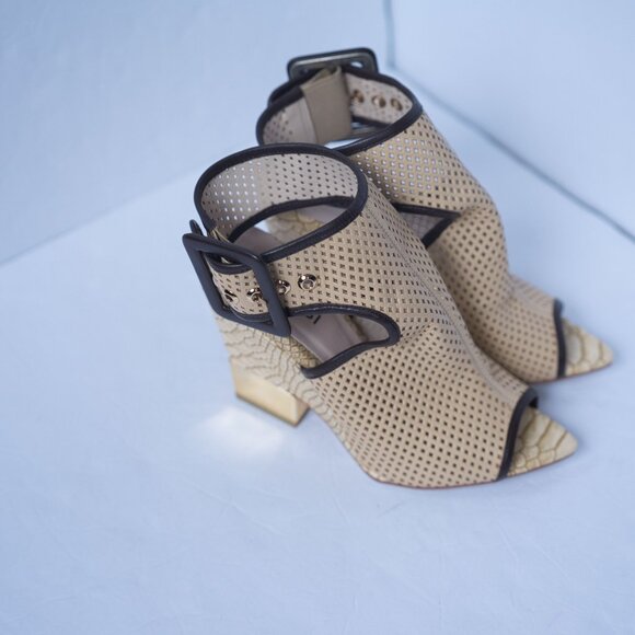 Glossi Perforated Leather Ankle Buckle Wedge Peep Toe Sandals - Picture 1 of 10